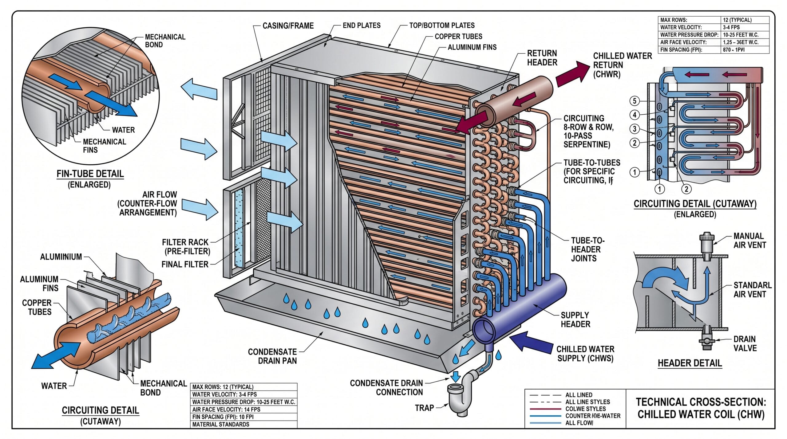 Detailed view of a large industrial refrigeration chiller with copper tubes and water flow system.