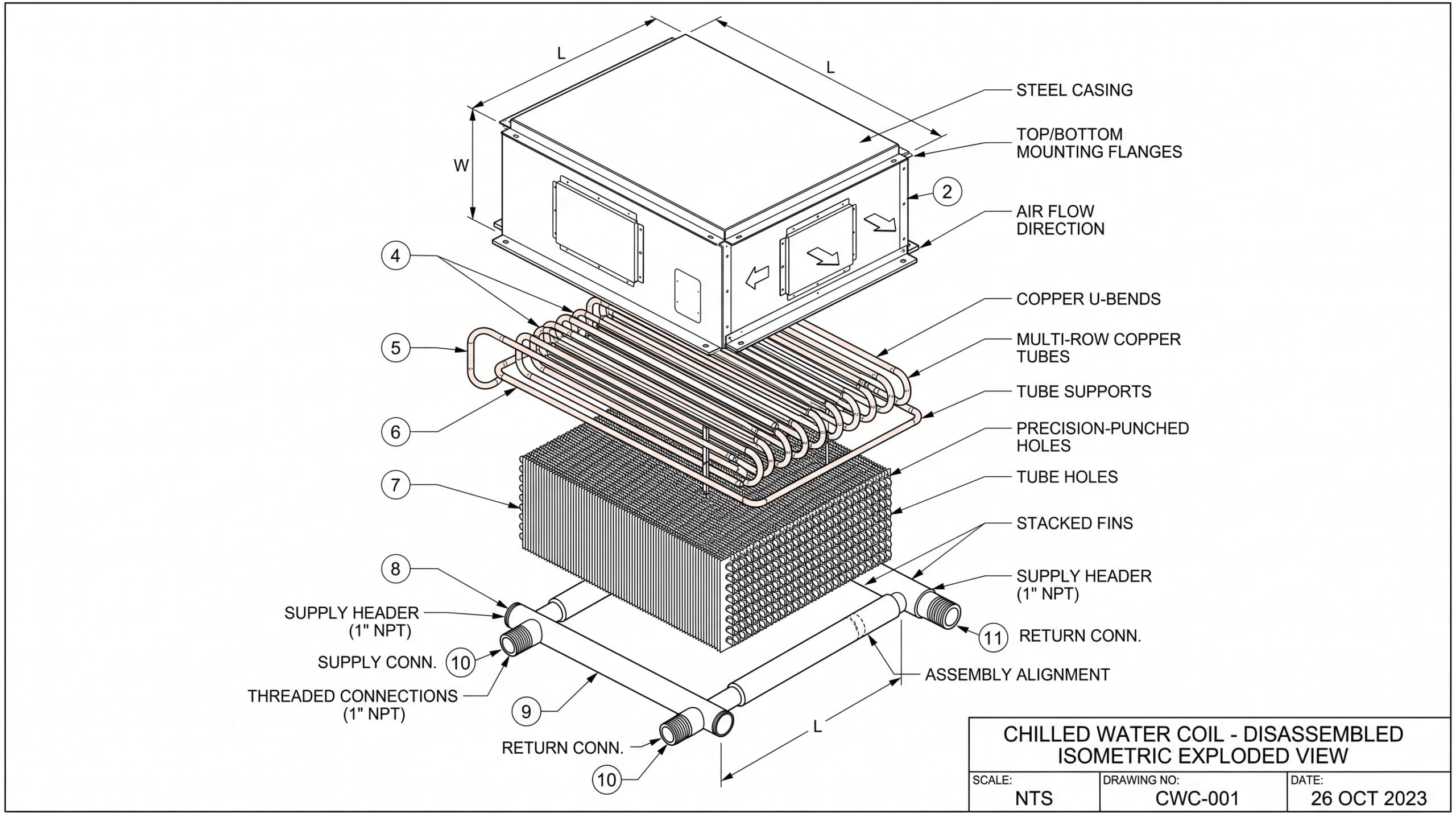 Detailed diagram of a chilled water coil with components labeled for HVAC systems.