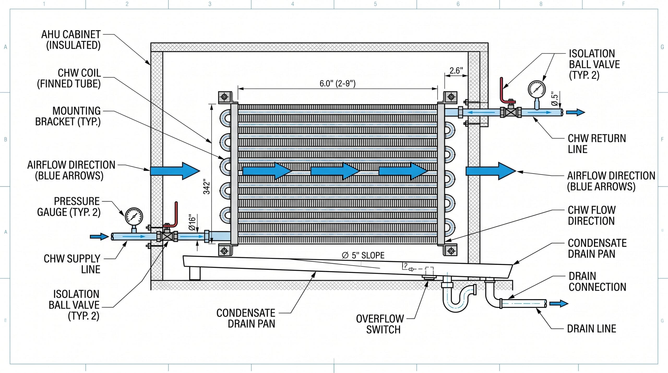 Detailed HVAC chiller system diagram with airflow and component labels.