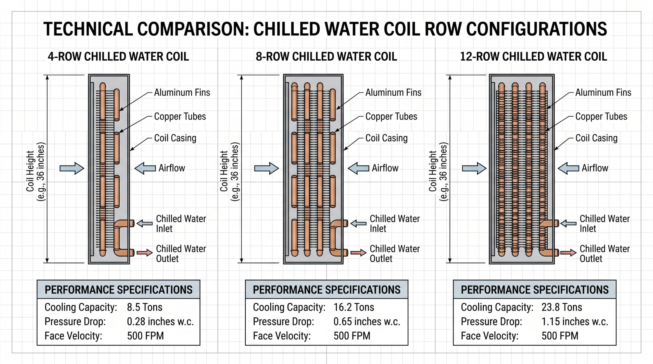 Comparison of 4, 8, and 12-row chilled water coil configurations.