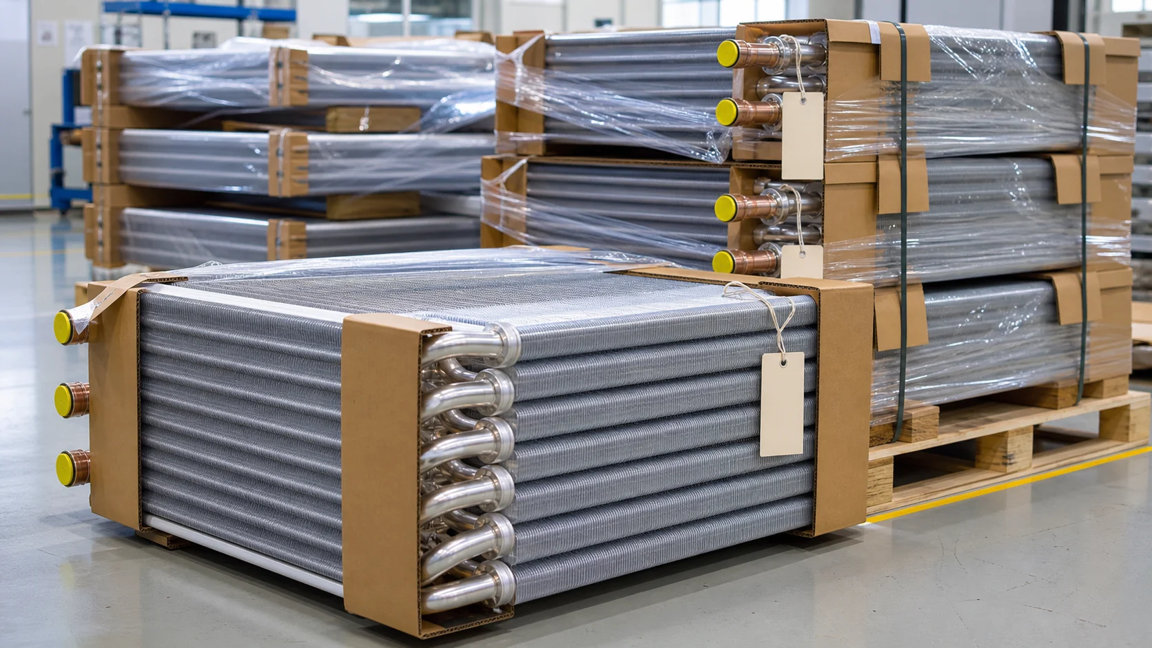 Finished custom CO2 refrigeration coils with capped headers and protective export packaging