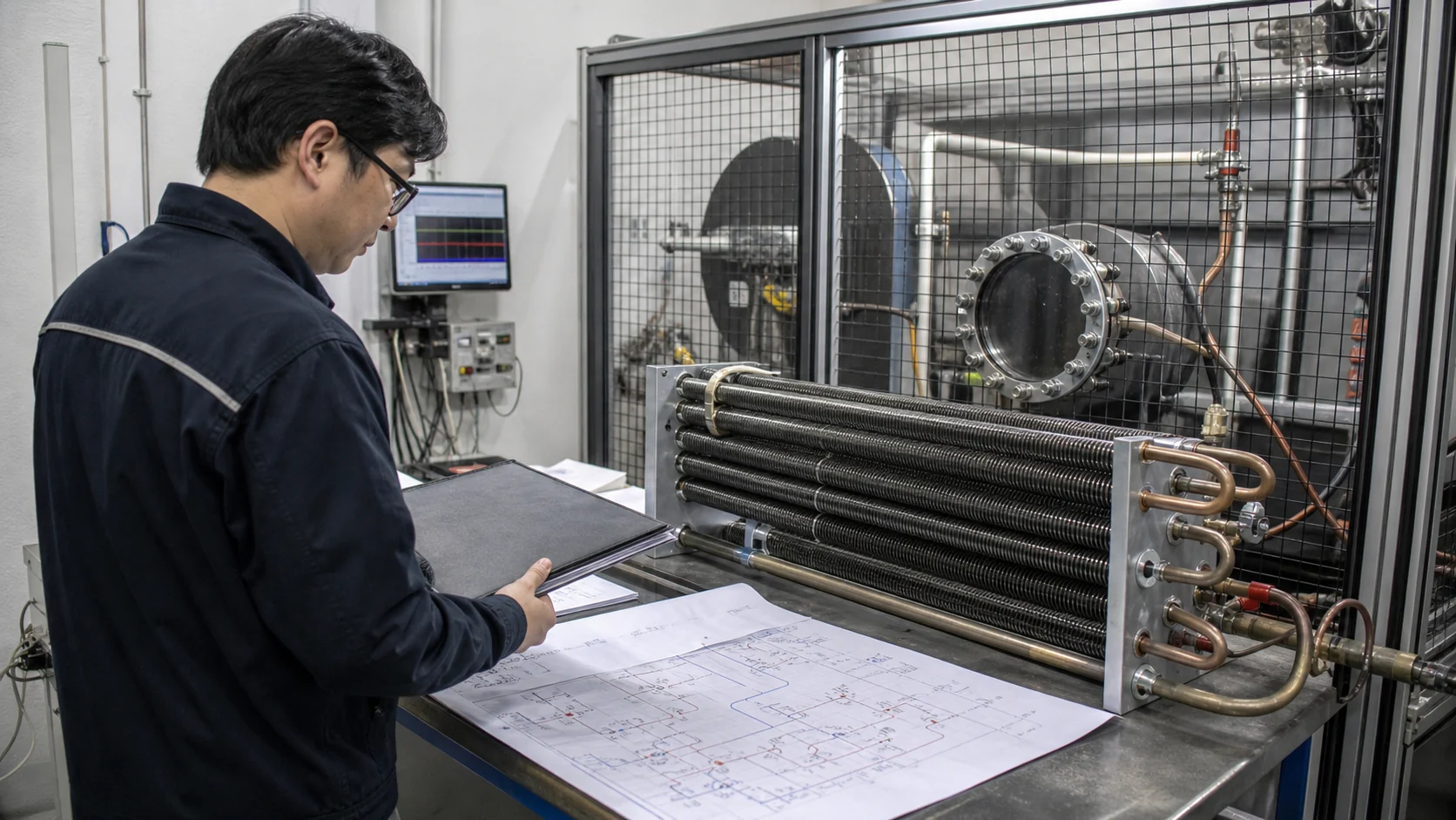 Asian engineer reviewing CO2 coil design pressure and operating envelope