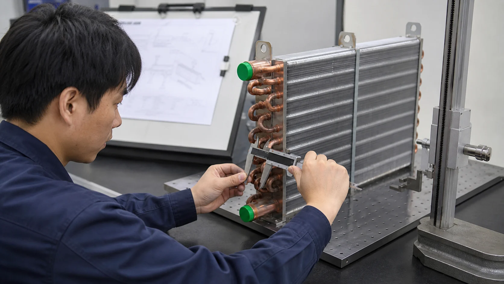 Inspector checking CO2 refrigeration coil headers, caps and mounting dimensions