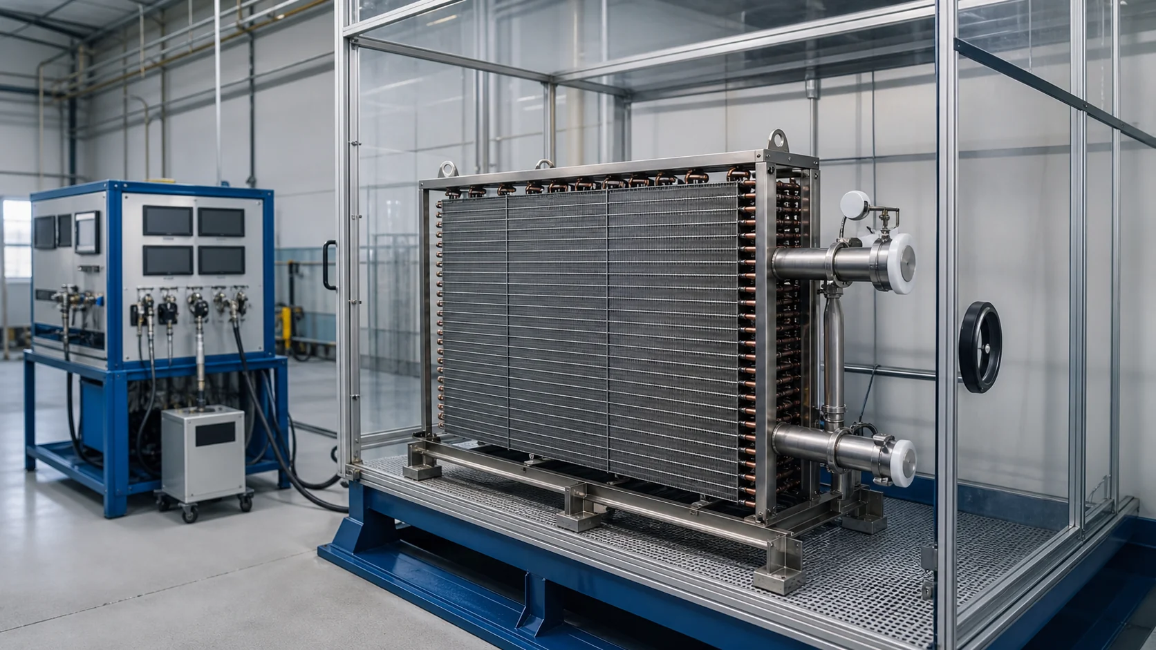 Custom CO2 refrigeration coil prepared inside a guarded high pressure test enclosure