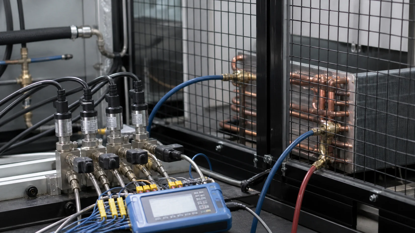 Pressure transducers, isolation valves and data logger connected to a guarded CO2 coil fixture