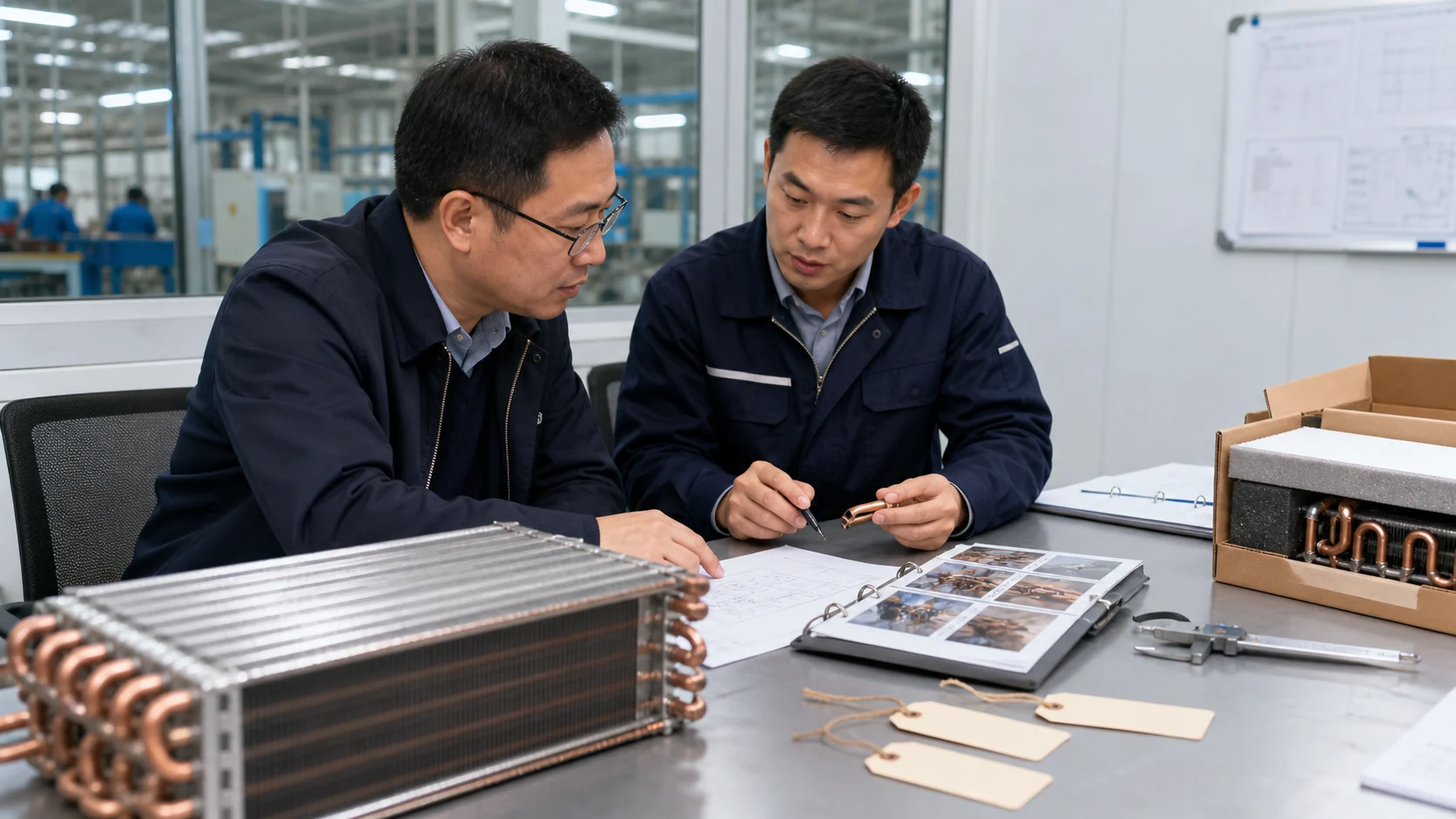 Asian procurement and mechanical engineers preparing a CO2 coil pressure-test RFQ package