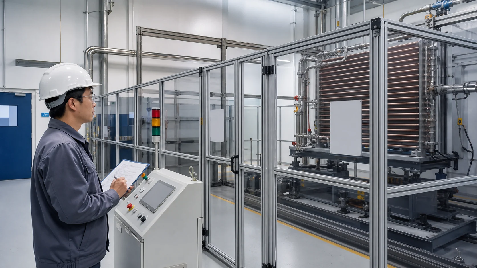 Safety engineer verifying barriers, interlocks and remote operation for a CO2 coil test cell