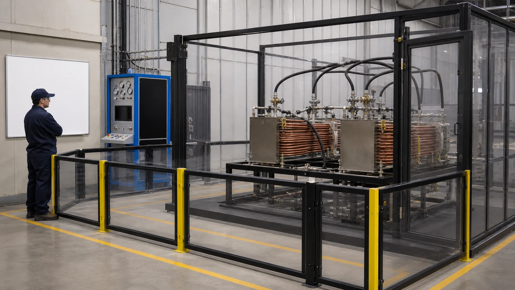Guarded CO2 coil test cell showing controlled proof and leak test preparation