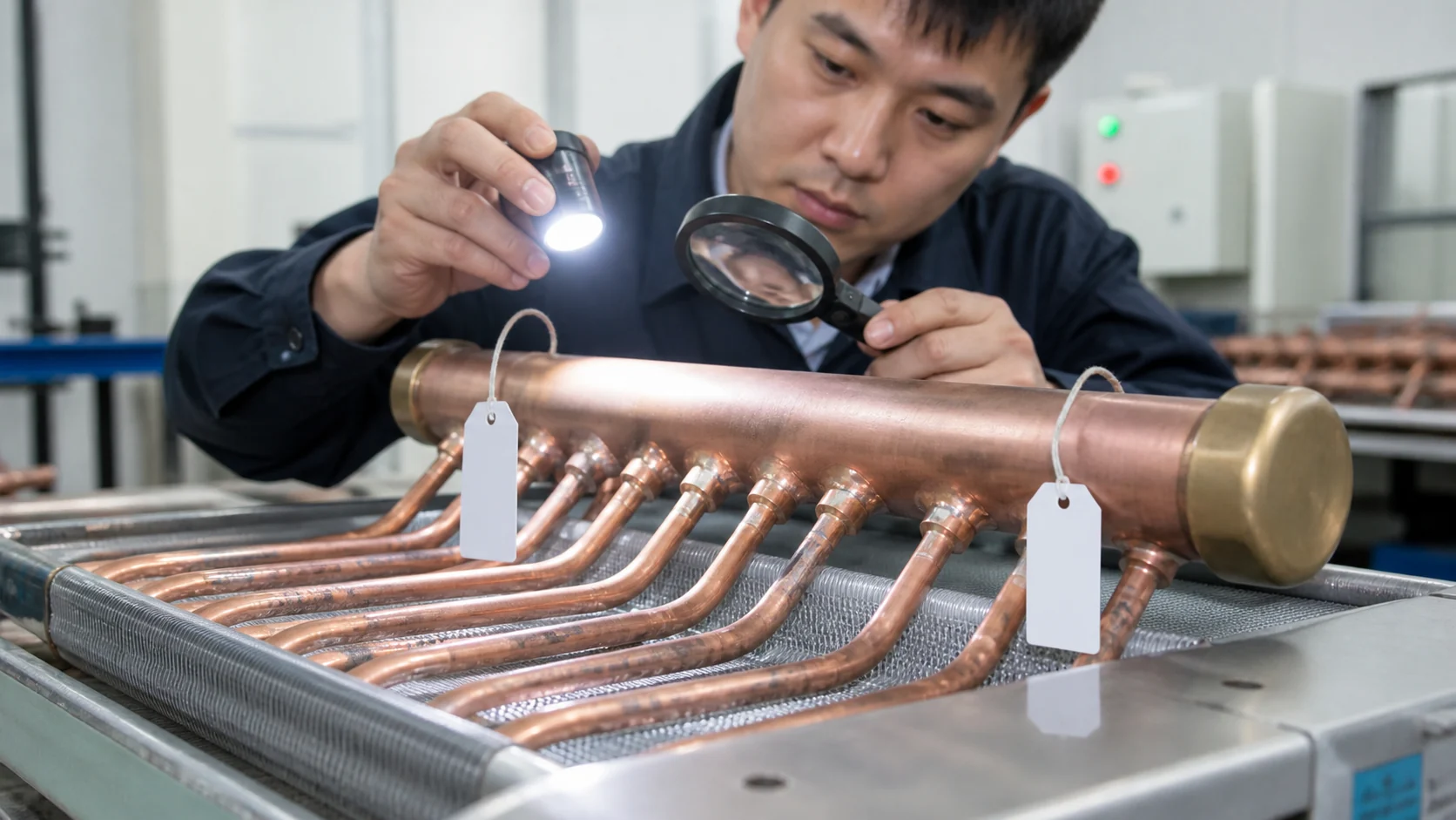 Quality technician inspecting CO2 coil headers, joints and pressure boundary connections