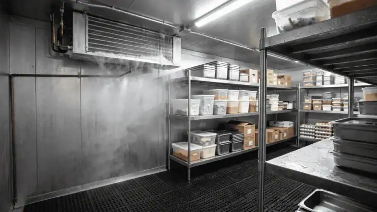 Industrial refrigeration room with shelves of food storage containers.