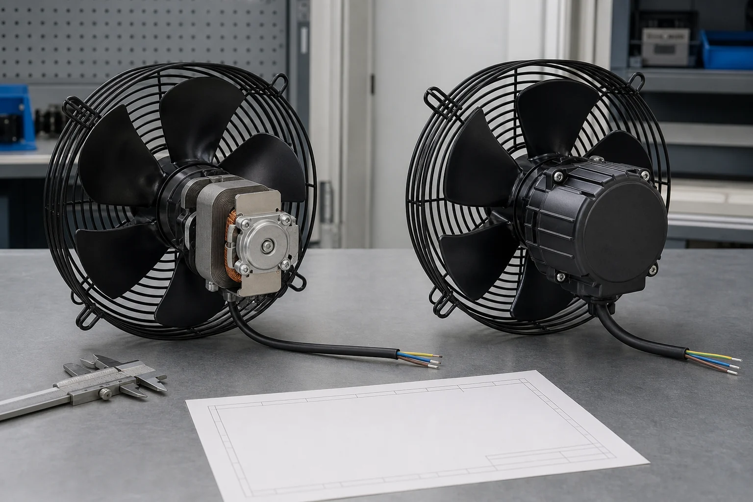 Unbranded AC and EC evaporator fan motor assemblies on an engineering bench