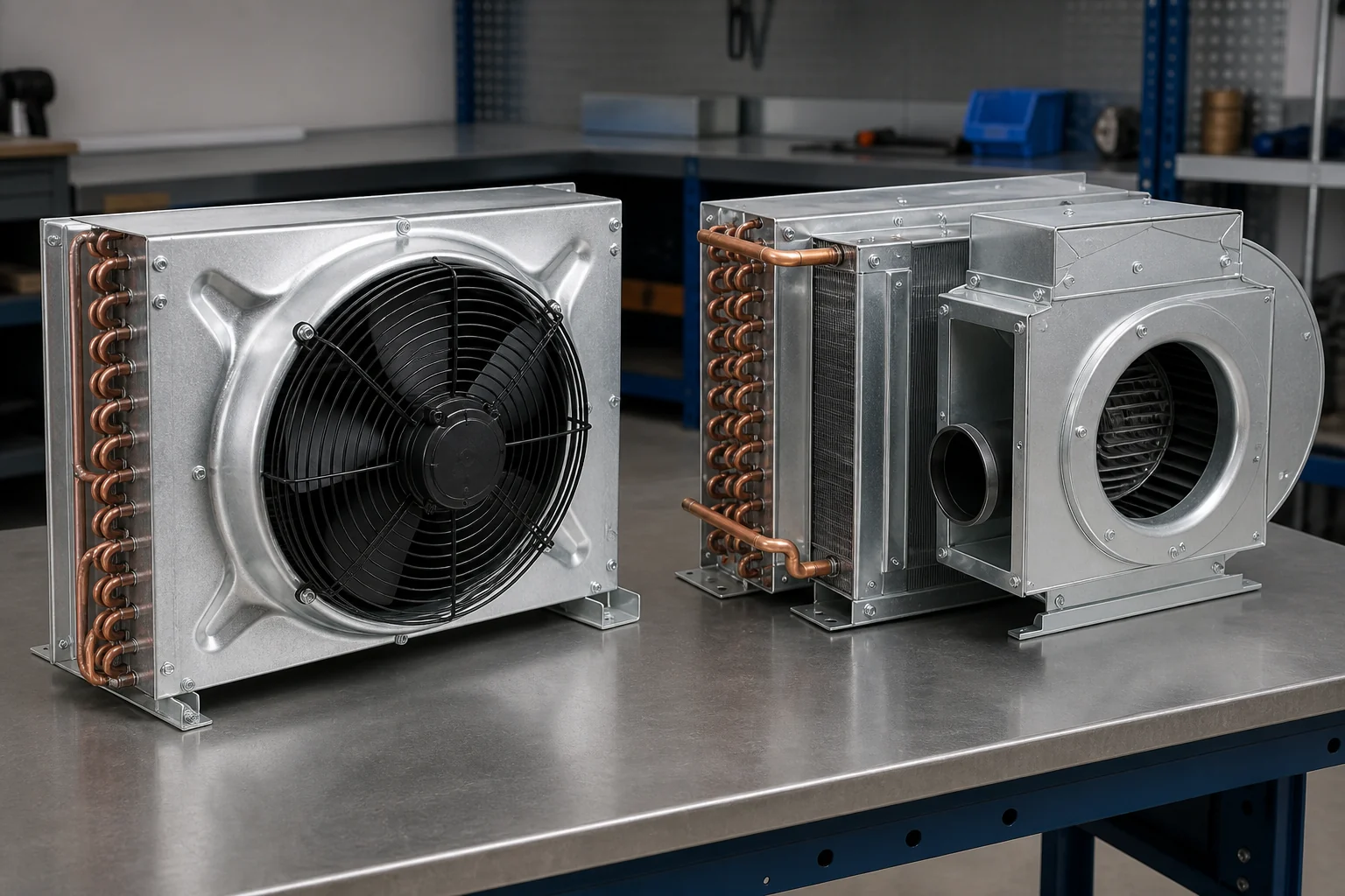 Axial fan and pressure-capable blower arrangements beside evaporator coils