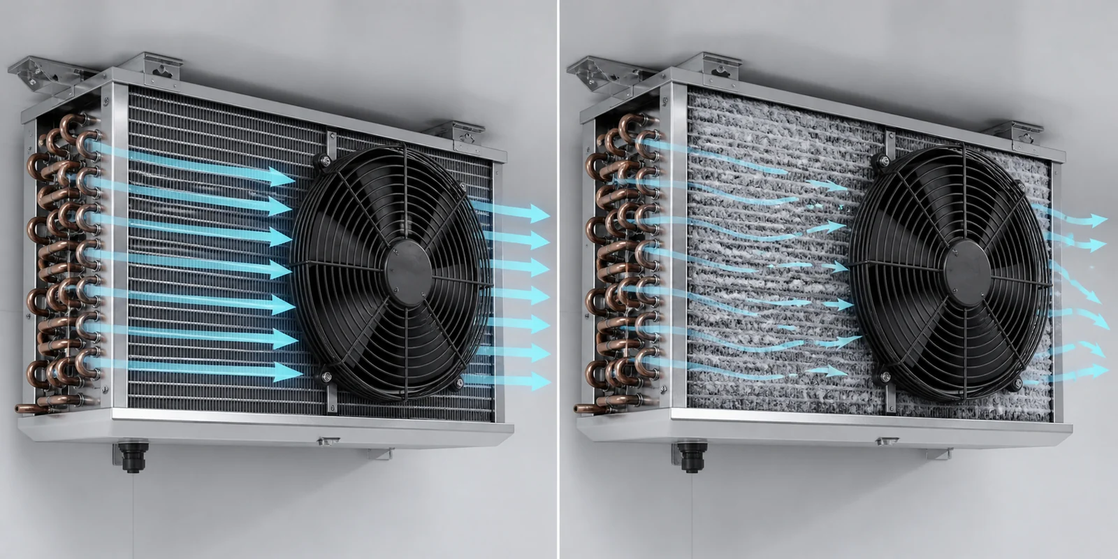 The same evaporator shown with clean fins and with airflow-restricting frost