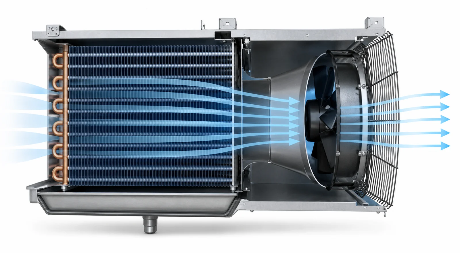 Cutaway of air passing through a finned evaporator coil, venturi, fan and guard