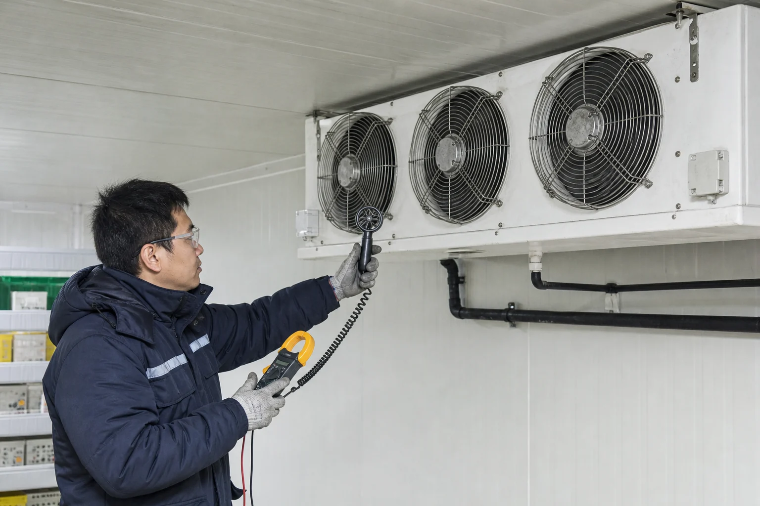 Technician checking evaporator fan current and airflow during commissioning
