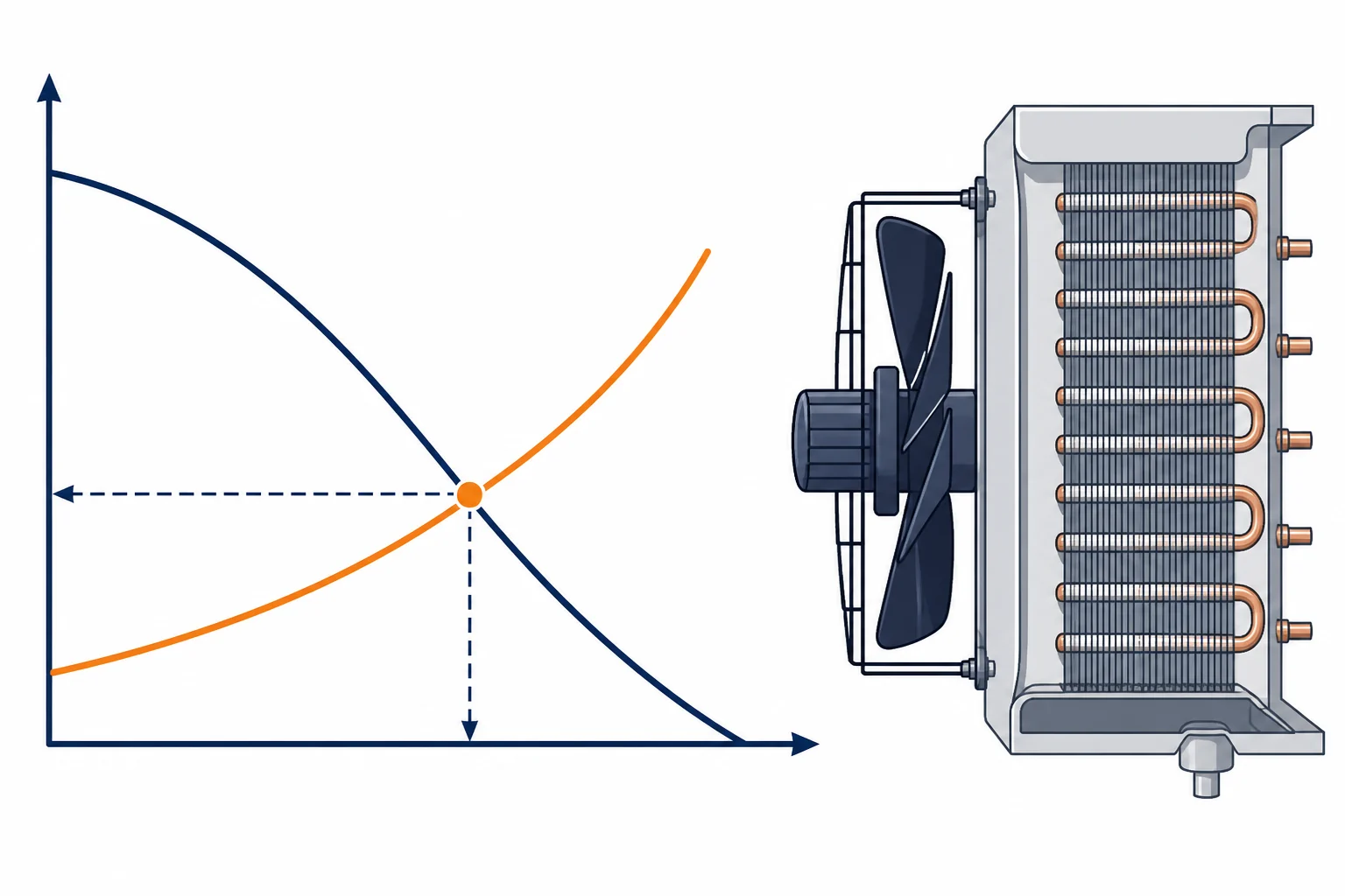 Fan curve and system resistance curve meeting at an evaporator duty point