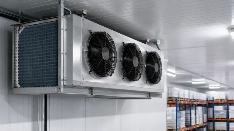 Three guarded axial fans on a ceiling-mounted cold room evaporator