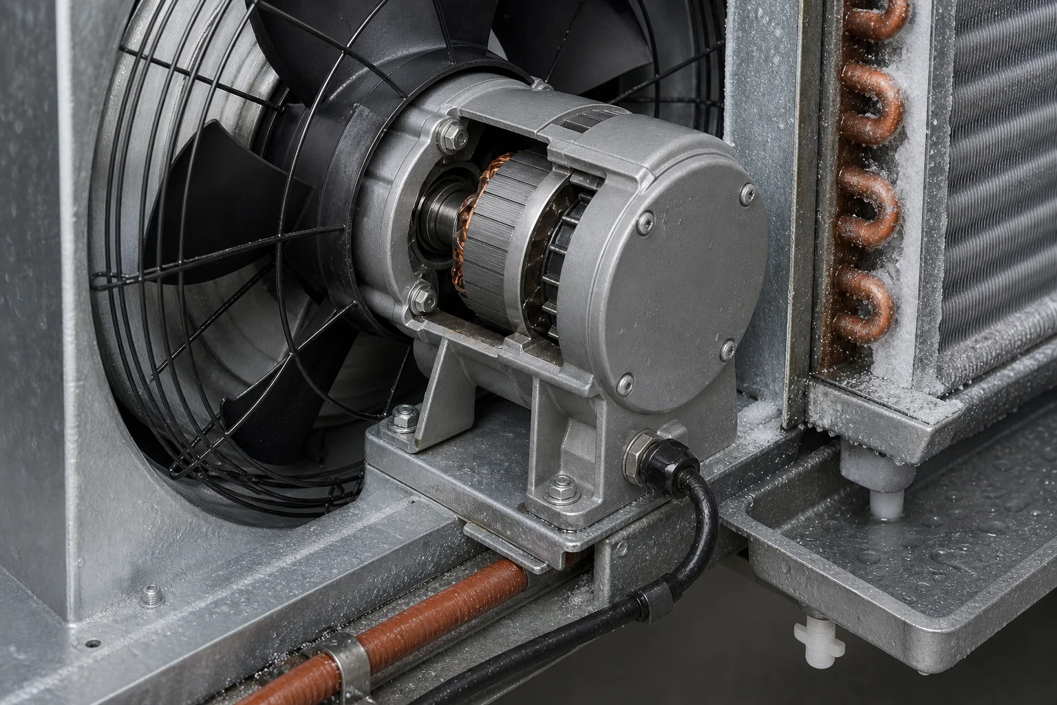 Cold-room fan motor, sealed cable entry, guard and drain pan under subzero conditions