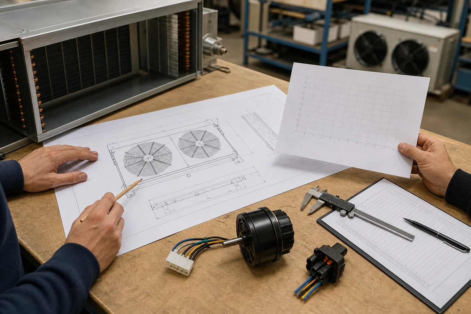 Engineering and procurement review of a fan curve, motor sample and evaporator drawing