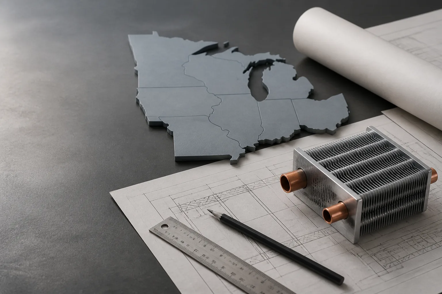 Procurement desk with an engineering drawing, an unlabeled Midwest map silhouette, and a fin-tube sample