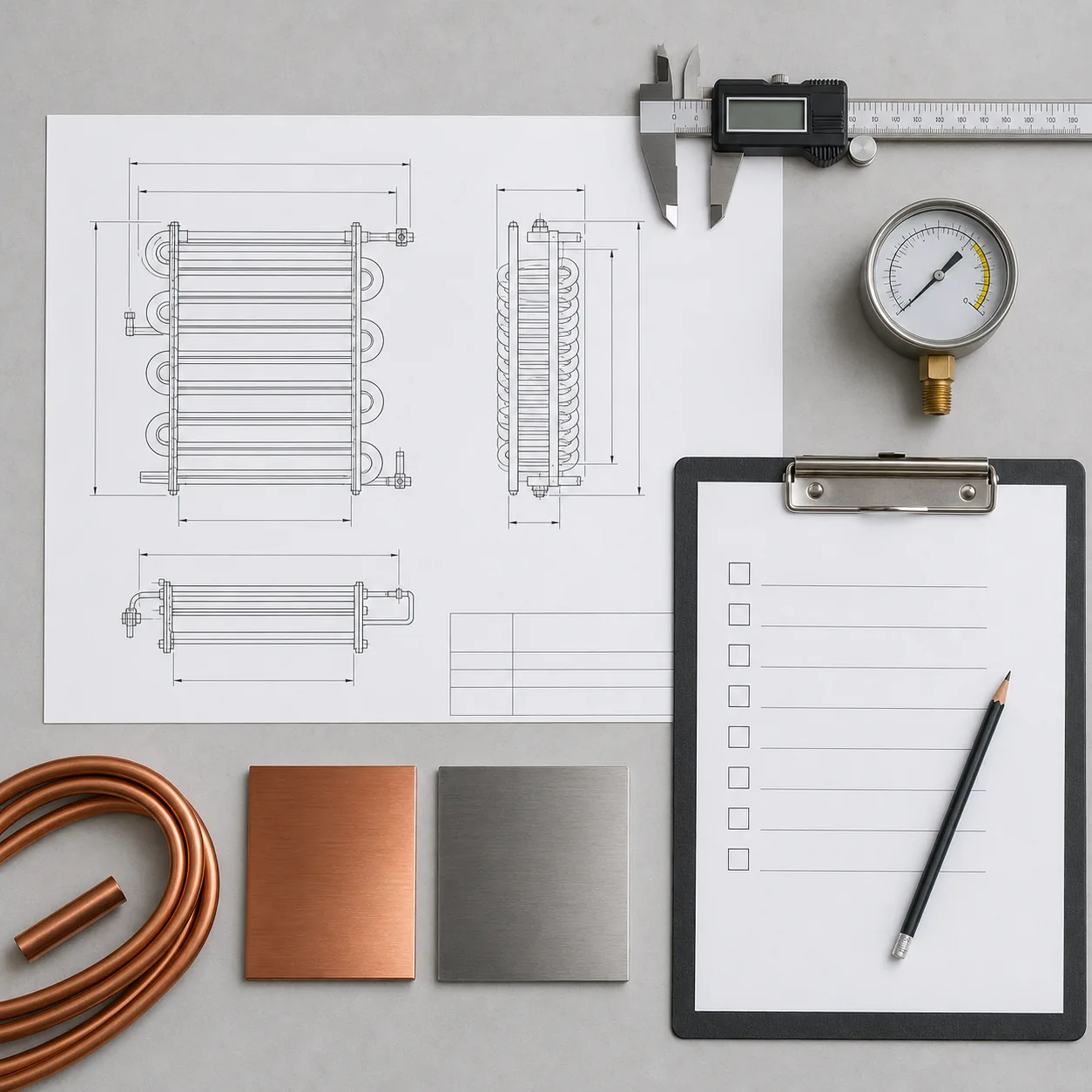 Technical RFQ still life with a blank coil drawing, caliper, pressure gauge, and material samples