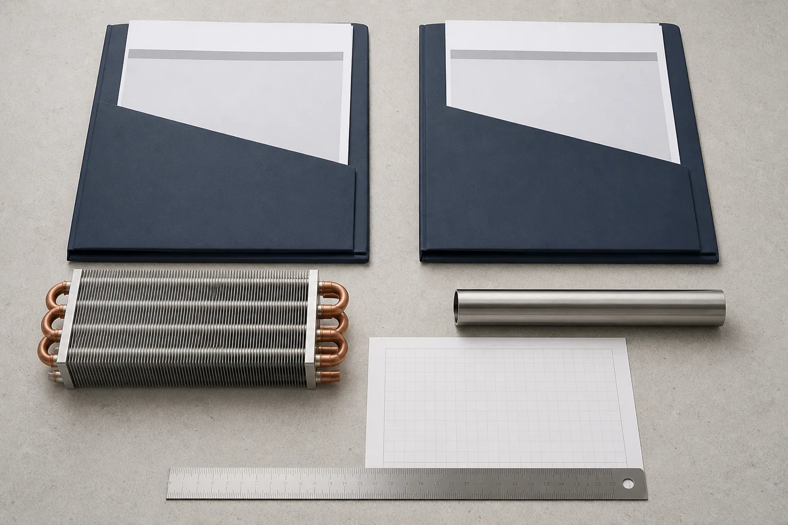 Anonymous supplier comparison with two specification folders, a fin-tube sample, a stainless tube, and a measuring rule