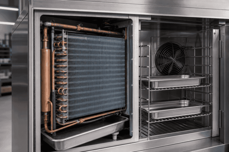 Close-up of industrial refrigeration system with cooling coils and fan.
