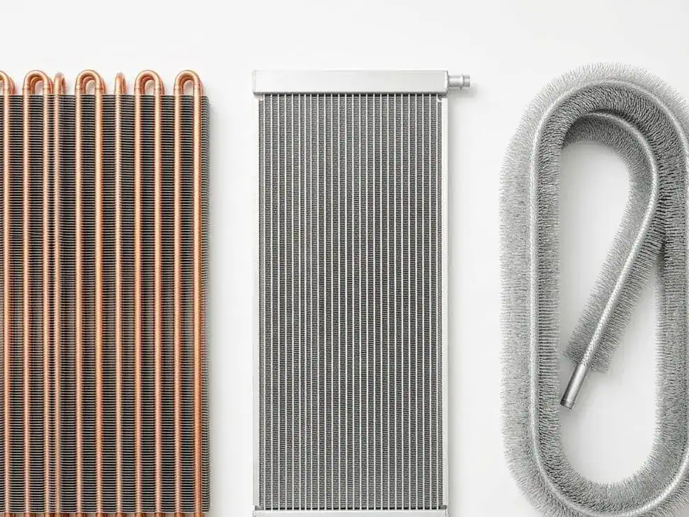 Close-up of refrigeration heat exchanger, radiator, and coil parts.