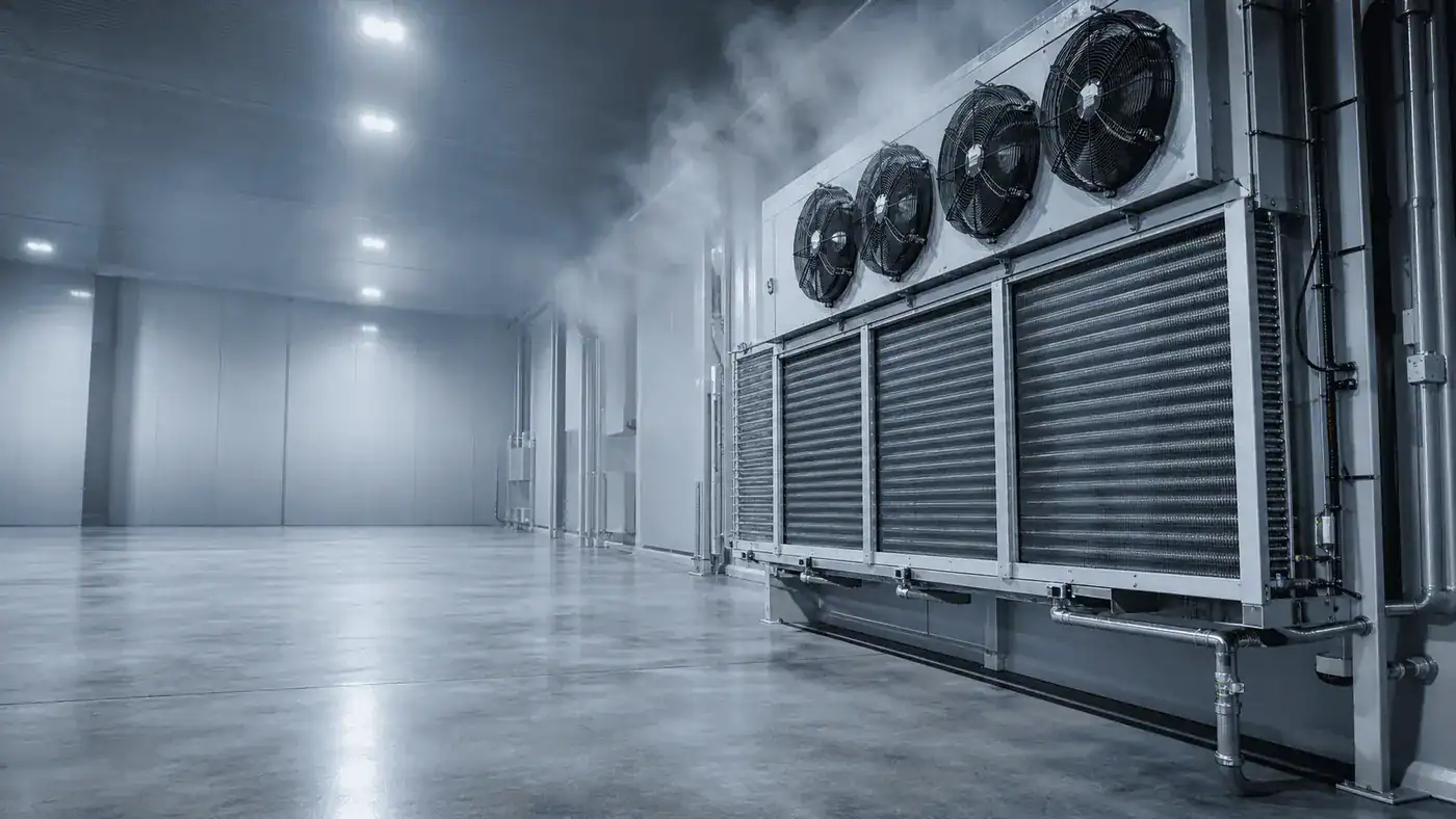 Large commercial refrigeration unit with cooling fans in a cold storage room.