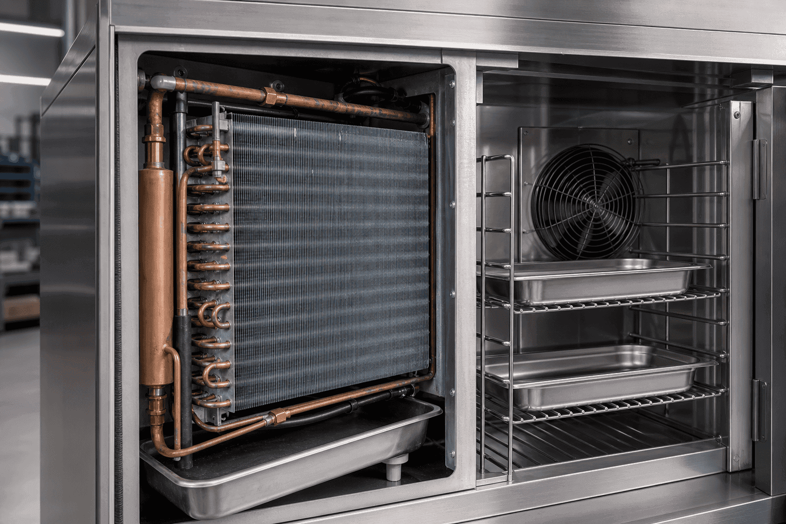 Close-up of industrial refrigeration system with cooling coils and fan.
