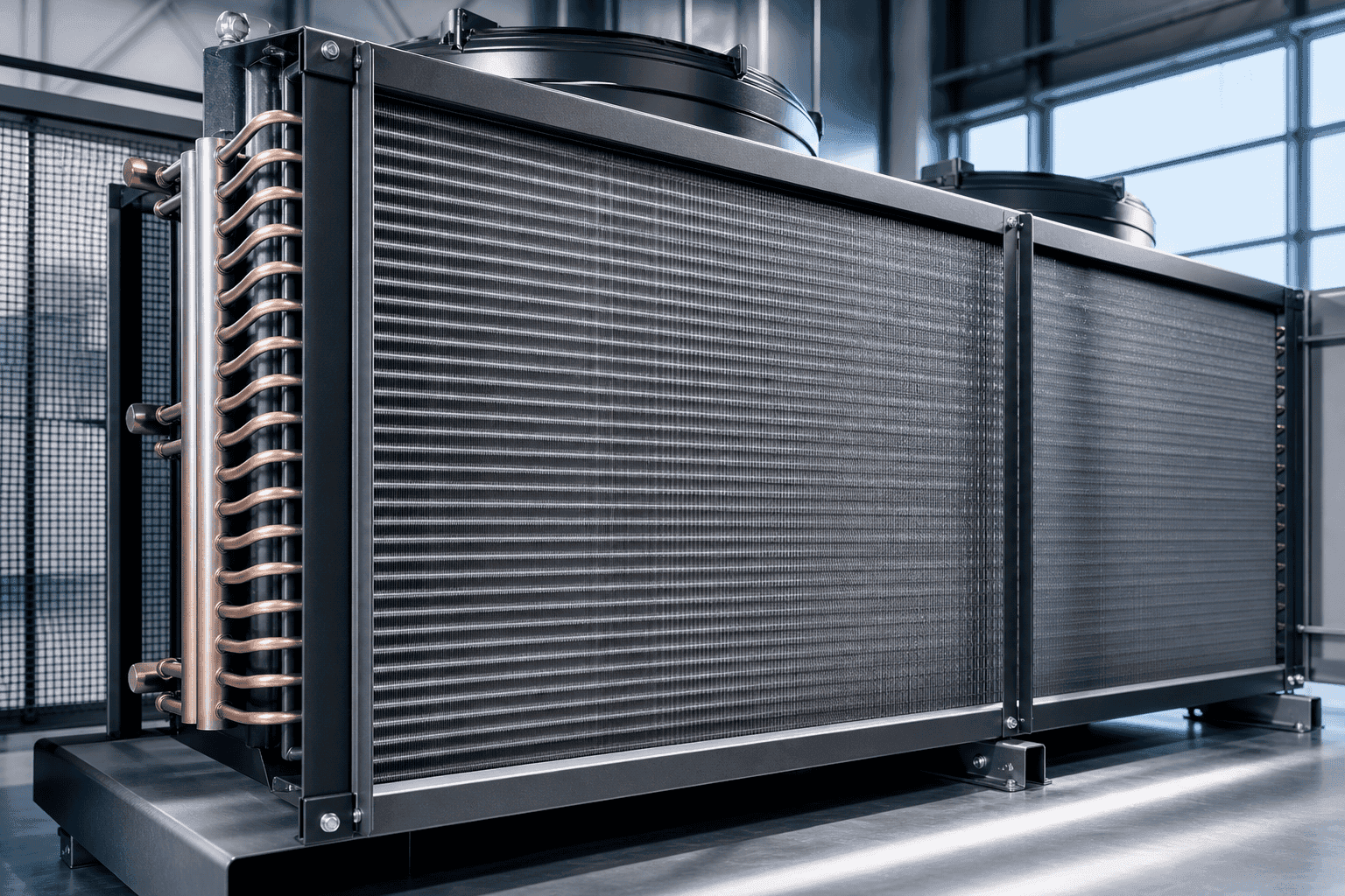 Large industrial cooling unit with copper pipes and metal fins in modern facility.