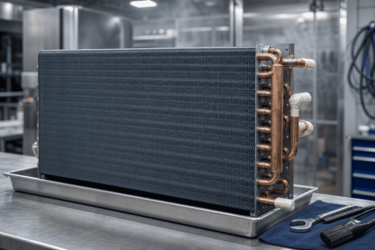 Industrial refrigeration condenser with copper pipes and cooling fins.