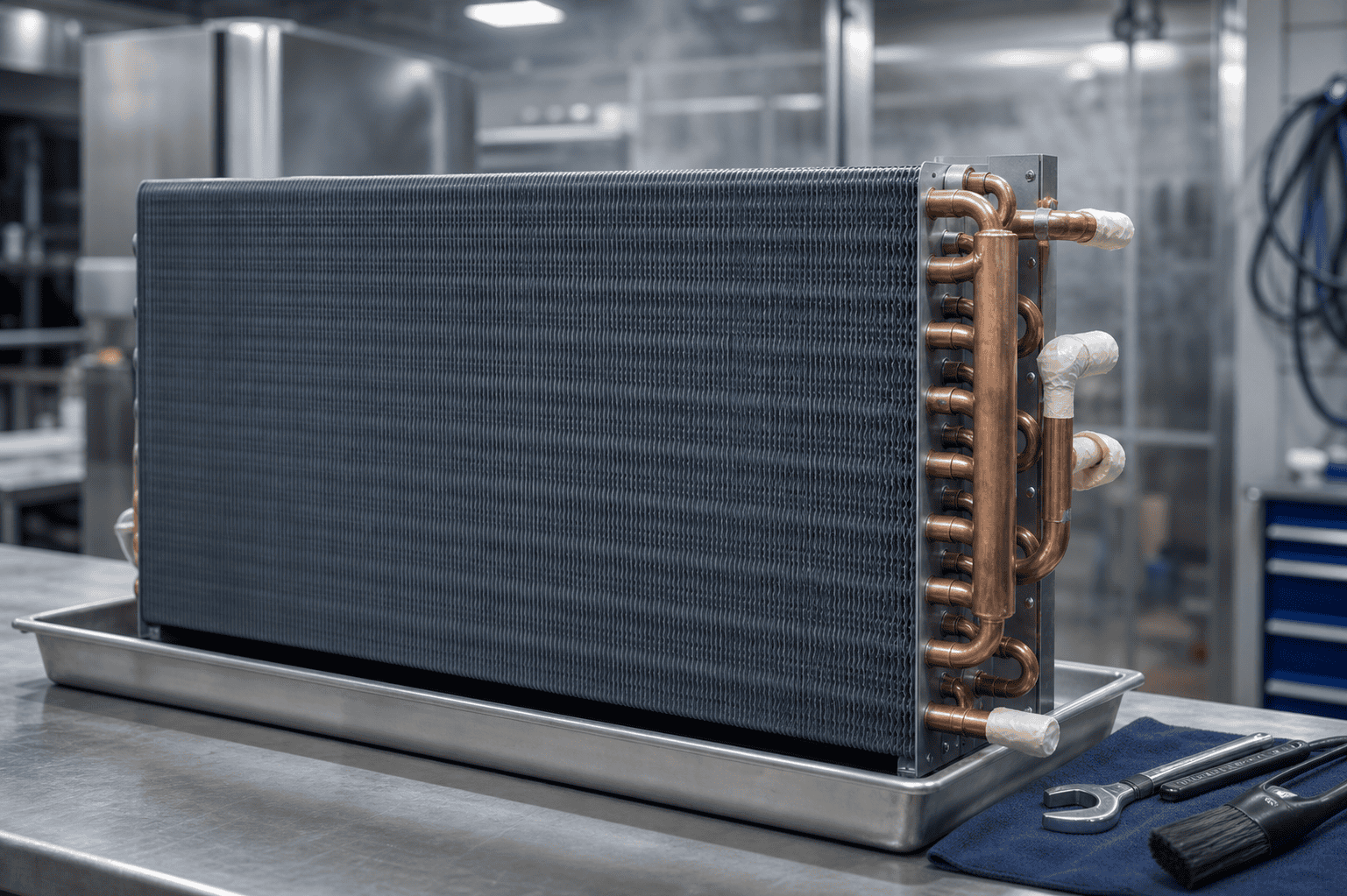 Industrial refrigeration condenser with copper pipes and cooling fins.