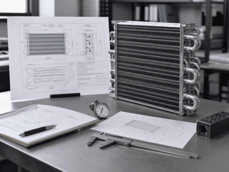Industrial refrigeration heat exchanger with technical drawings and tools.
