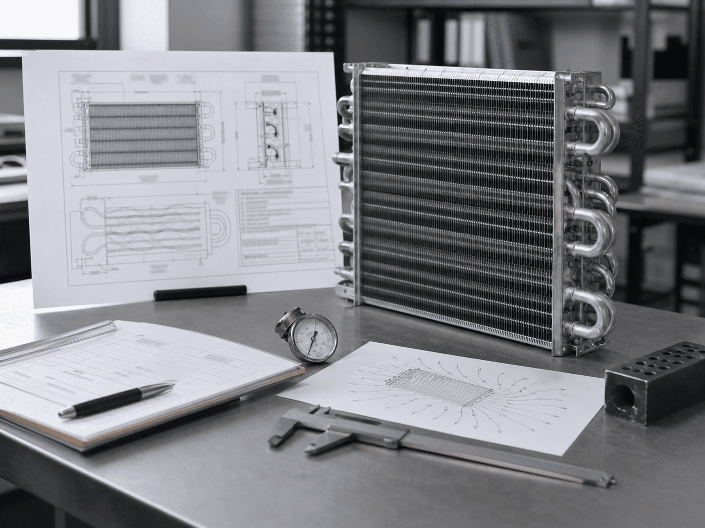 Industrial refrigeration heat exchanger with technical drawings and tools.