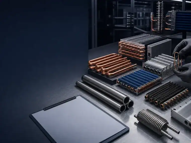 Assorted refrigeration parts including copper coils and metal fittings for commercial systems.