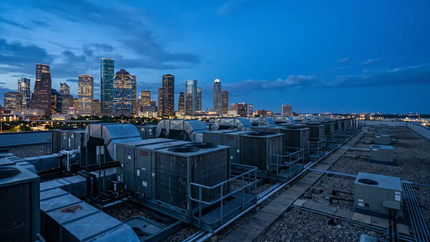 Rooftop HVAC units with city skyline at dusk in downtown area.