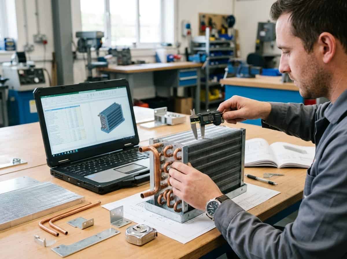custom coil cost factors 鈥?engineer evaluating a coil cost model beside a revised CAD drawing