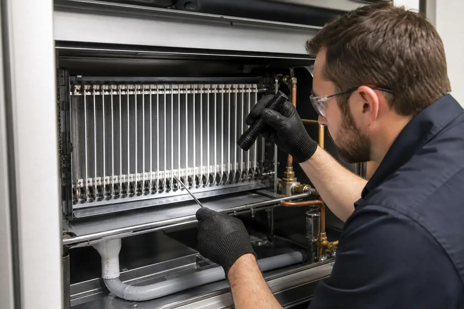 Technician inspecting and repairing commercial refrigeration equipment.