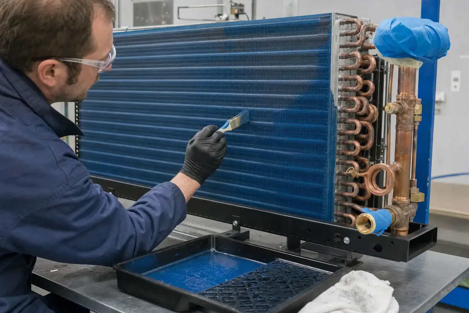 Technician applying protective coating to a commercial refrigeration condenser coil