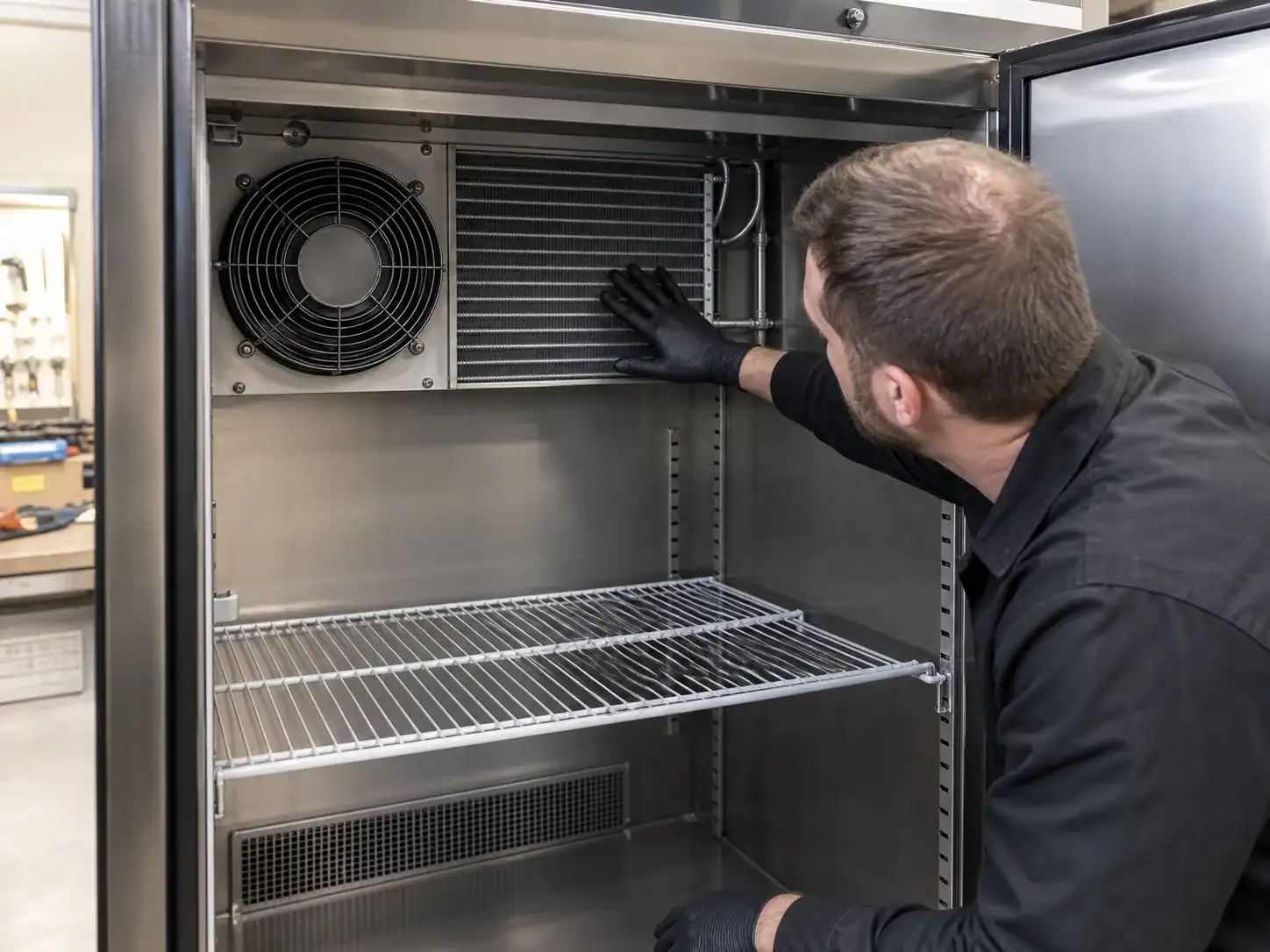 Technician checking evaporator airflow inside a commercial refrigerator