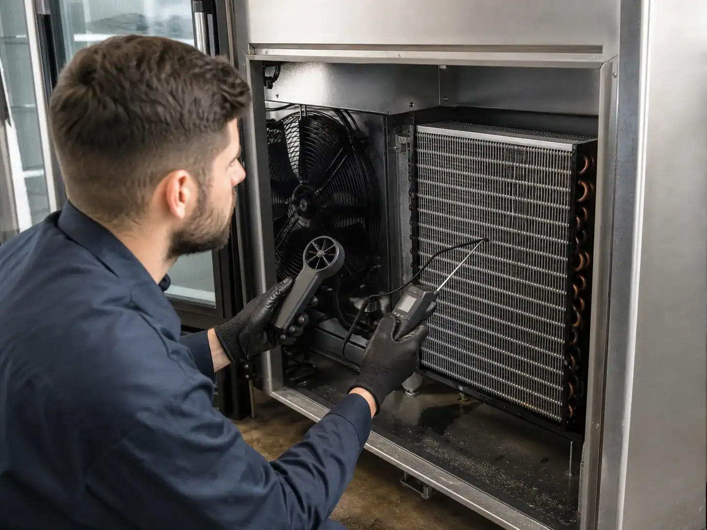 Service engineer measuring condenser temperature and airflow on a commercial refrigerator