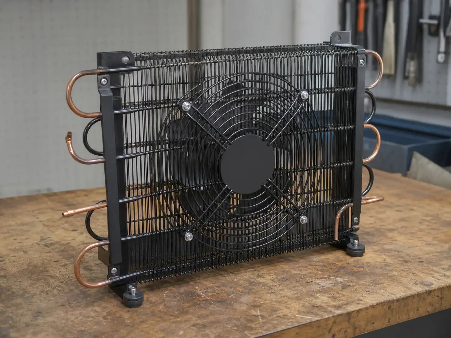 Wire tube condenser assembly with copper tube loops and fan guard