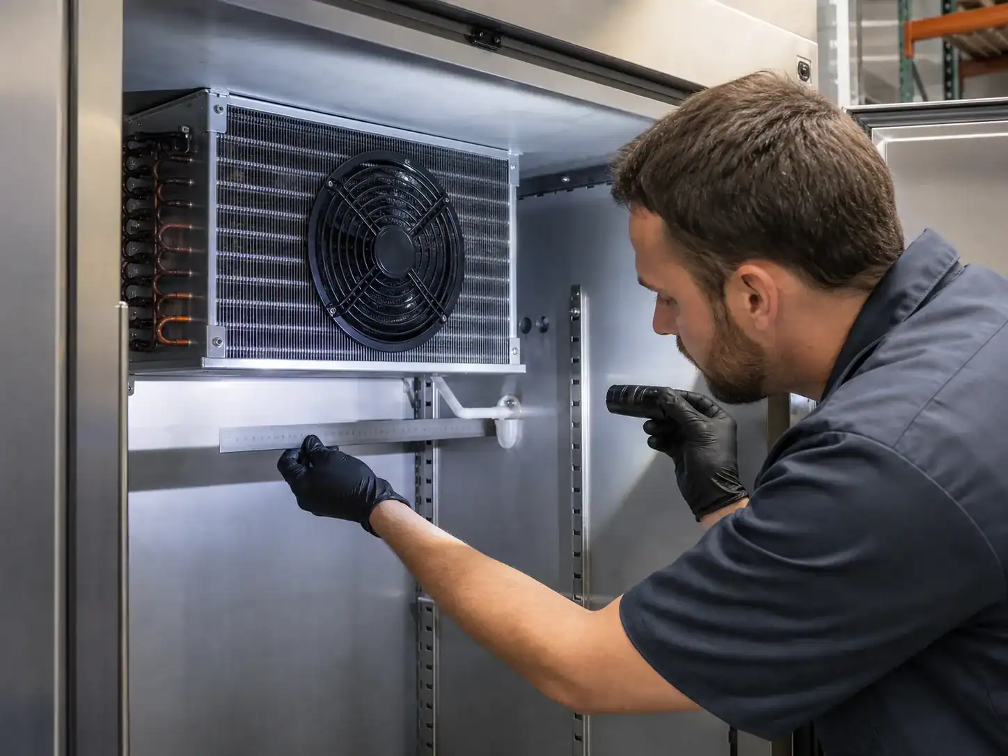 Technician checking evaporator coil fit and airflow clearance inside a refrigerator cabinet