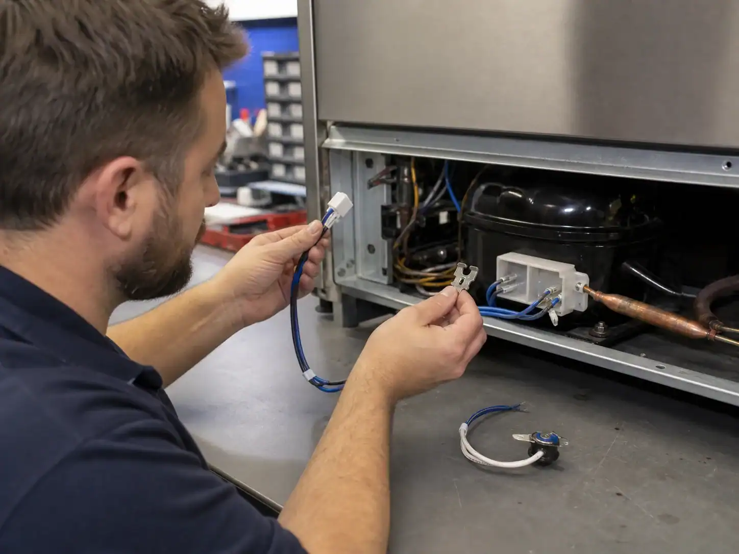 Technician checking defrost thermostat connector and mounting compatibility