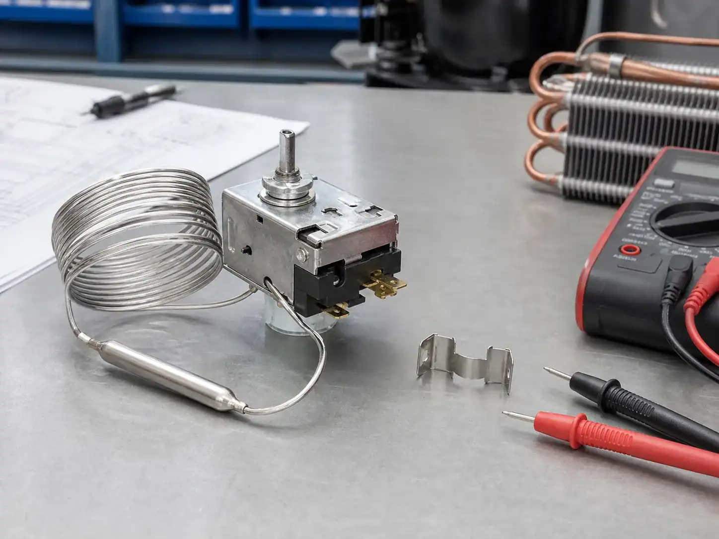 Refrigeration defrost thermostat and tubing interface on an engineering bench