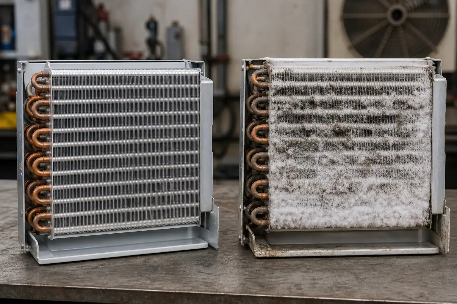 Clean and frost-blocked evaporator coil sections shown for service comparison