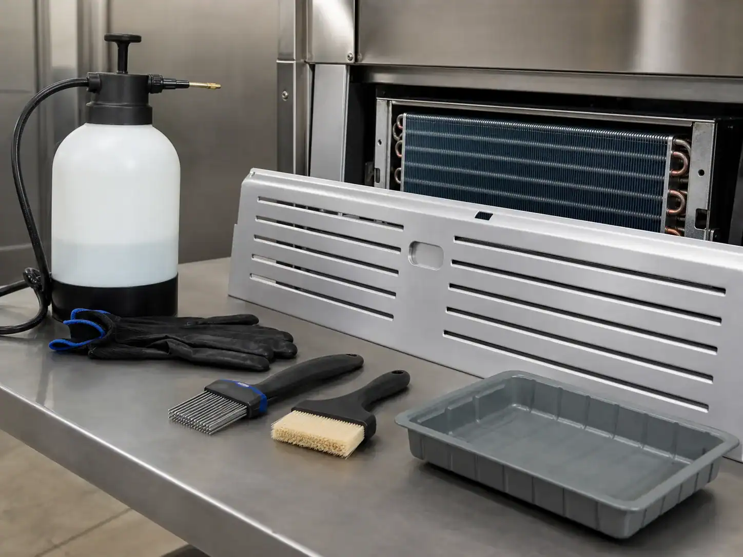 Refrigeration evaporator coil cleaning tools beside a service cover