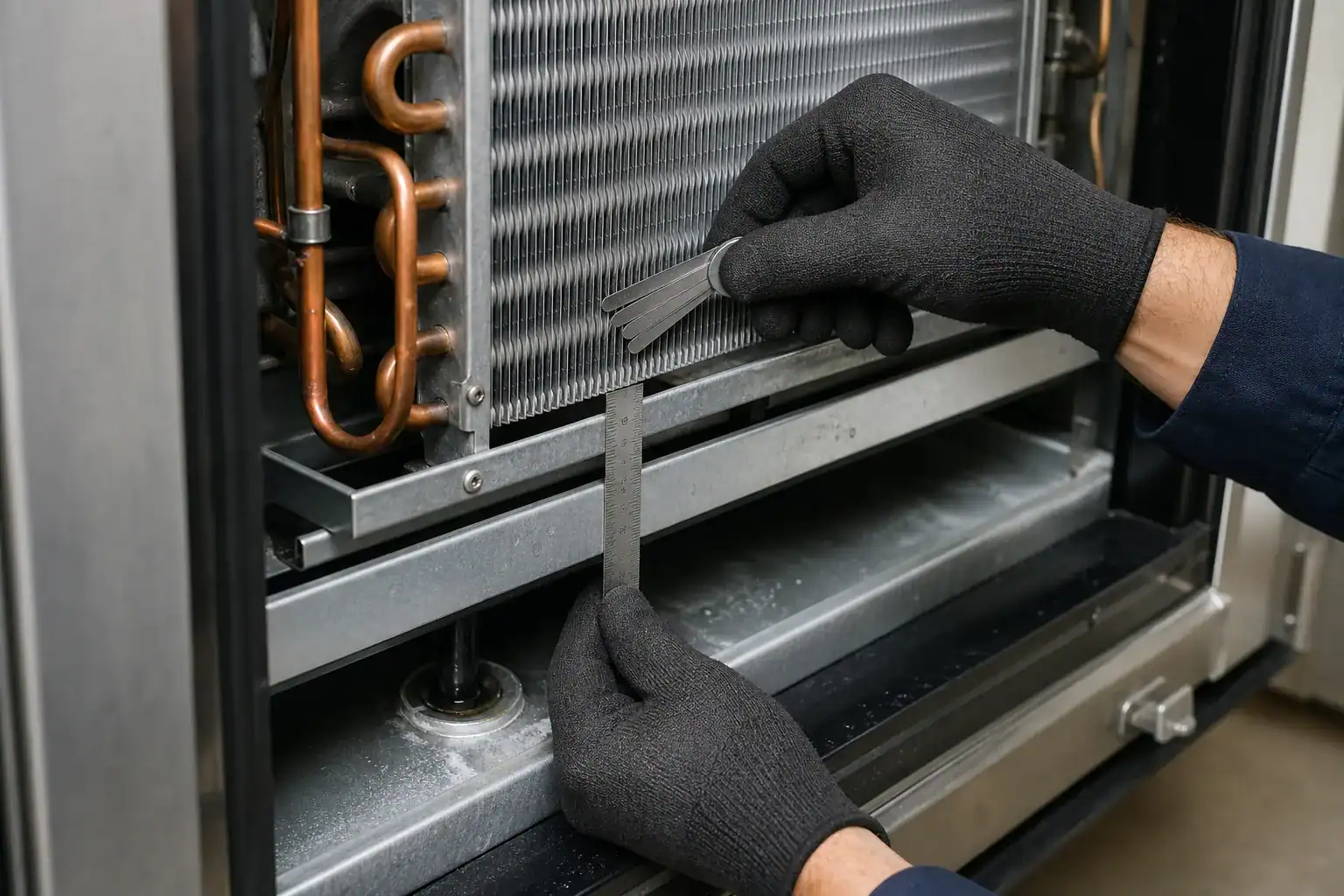 Technician measuring evaporator coil fin spacing and drain clearance after cleaning