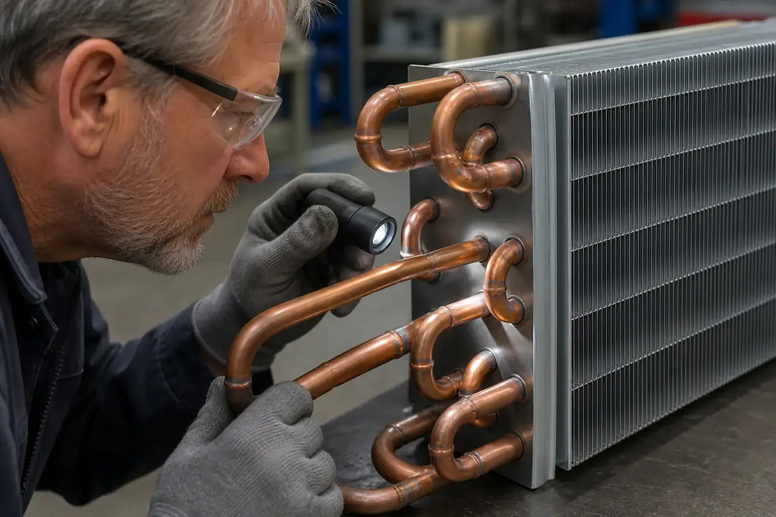 Engineer inspecting brazed copper tube joints on a replacement evaporator coil
